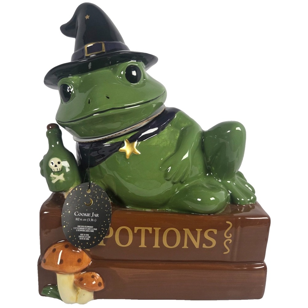 Haunted Halloween Frog Witch Cookie Jar 112 Oz Ceramic Potions Mushroom Decor
